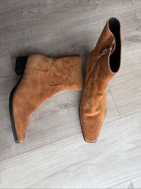 Tan suede ankle boots with side zip